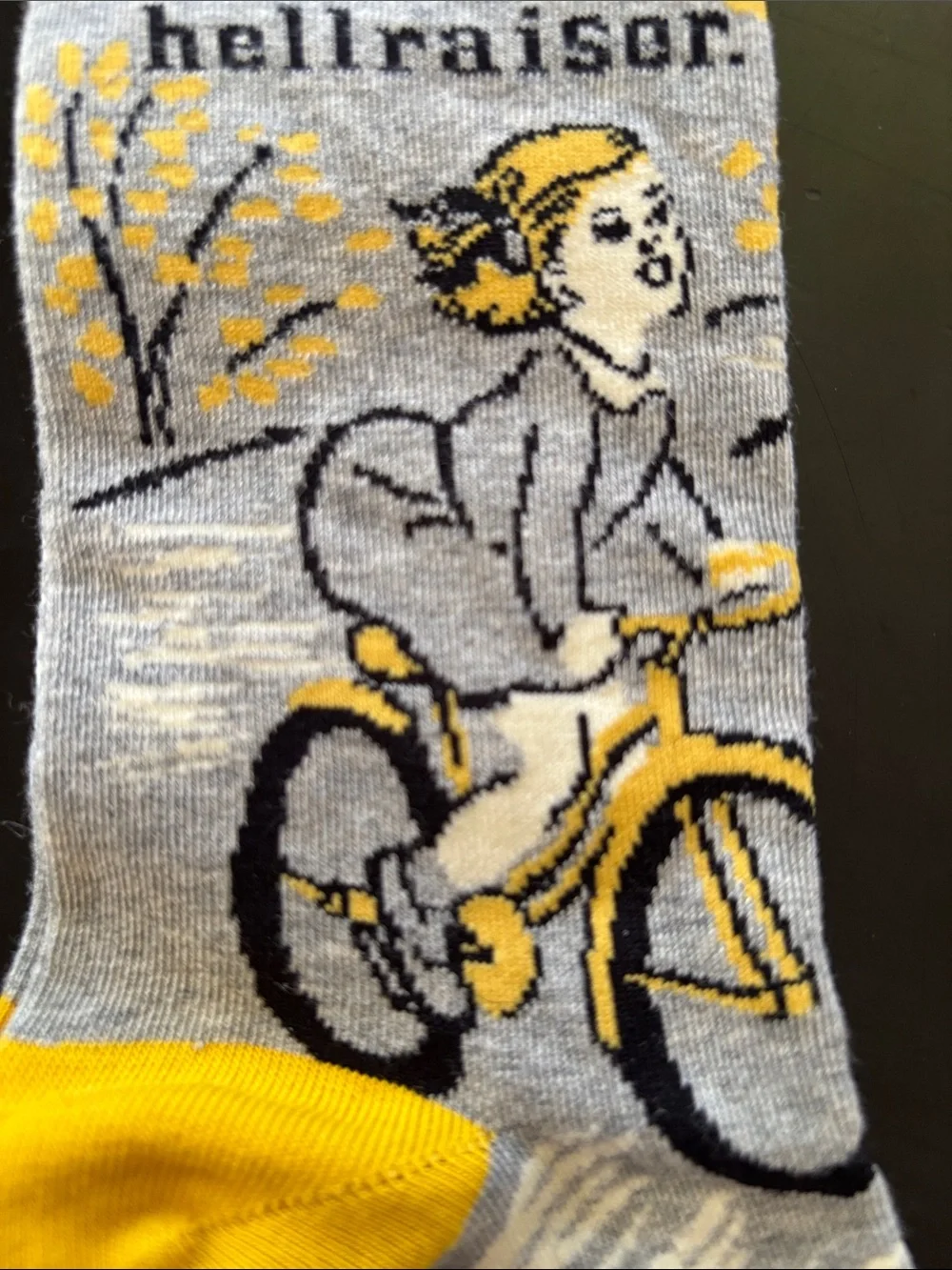 Blue Q Gray & Yellow Bicycle Crew Socks with 'hellraiser' Detail